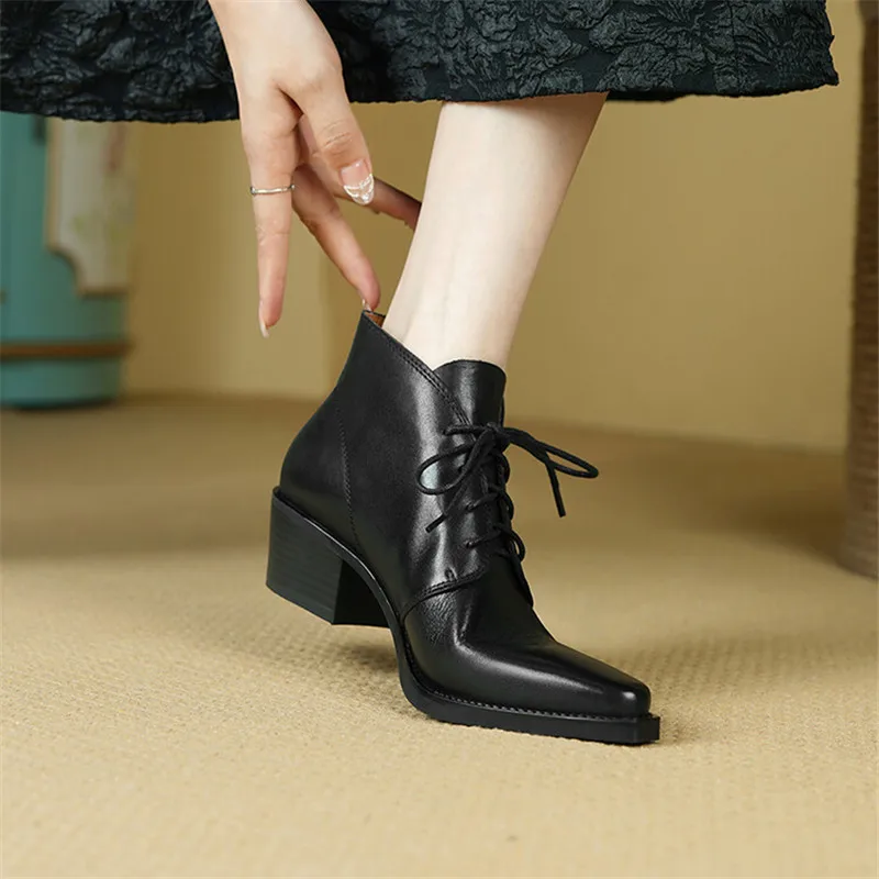 New Autumn/Winter Genuine Leather Women Shoes Pointed Toe Chunky Heel Ankle Boots for Women Lace Short Boots Zapatos De Mujer