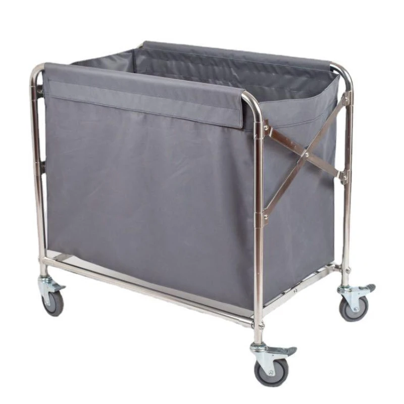 Stainless Steel Collection Trolley Hotel Room Service Trolley Cleaning Folding Linen Trolley