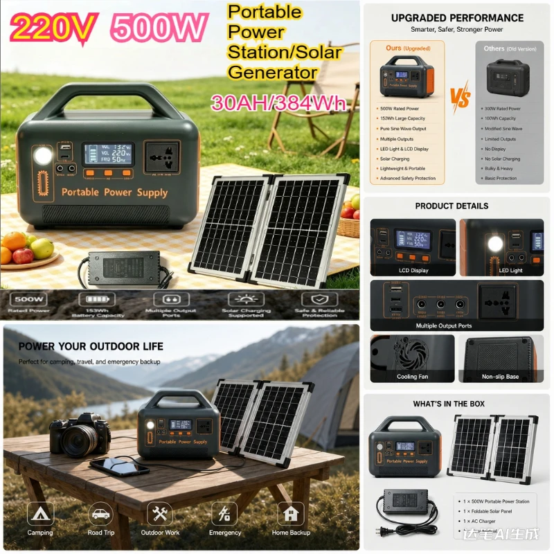 500W solar generator, 220V dual voltage portable power station, USB/Type-C/DC5521,30AH/384WH outdoor camping backup power supply