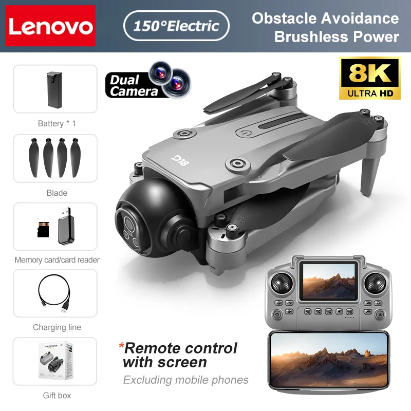 Lenovo D18 Drohne 8K Aerial HD Dual-Kamera Intelligente Hindernisvermeidung Bürstenlose Leistung 5G WIFI Bildschirm Fernbedienung GPS Drohne