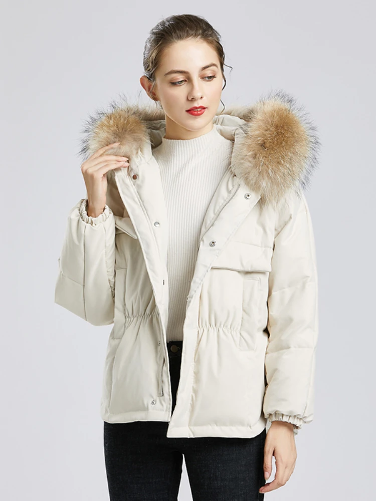 Fitaylor Winter Large Real Raccoon Fur Hooded Short Jacket Women 90% White Duck Down Coat Parkas Irregular Warm Snow Outwear