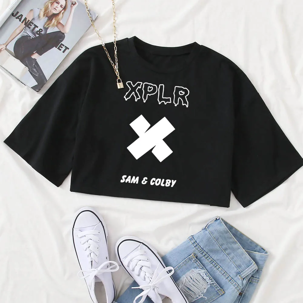 Xplr Sam and Colby Chainlink T-Shirt Women Crop Tops Girls O-Neck Short Sleeves Casual Loose Music Shirts Fans Gift