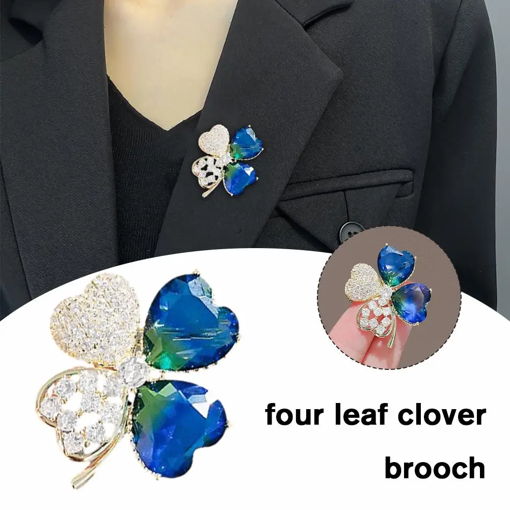 Luxury Blue Crystal Flower Brooches Lucky Four-Leaf Suit Badges Cap Clover Jewelry Pins Lapel Accessories Crystal Brooch J1C7