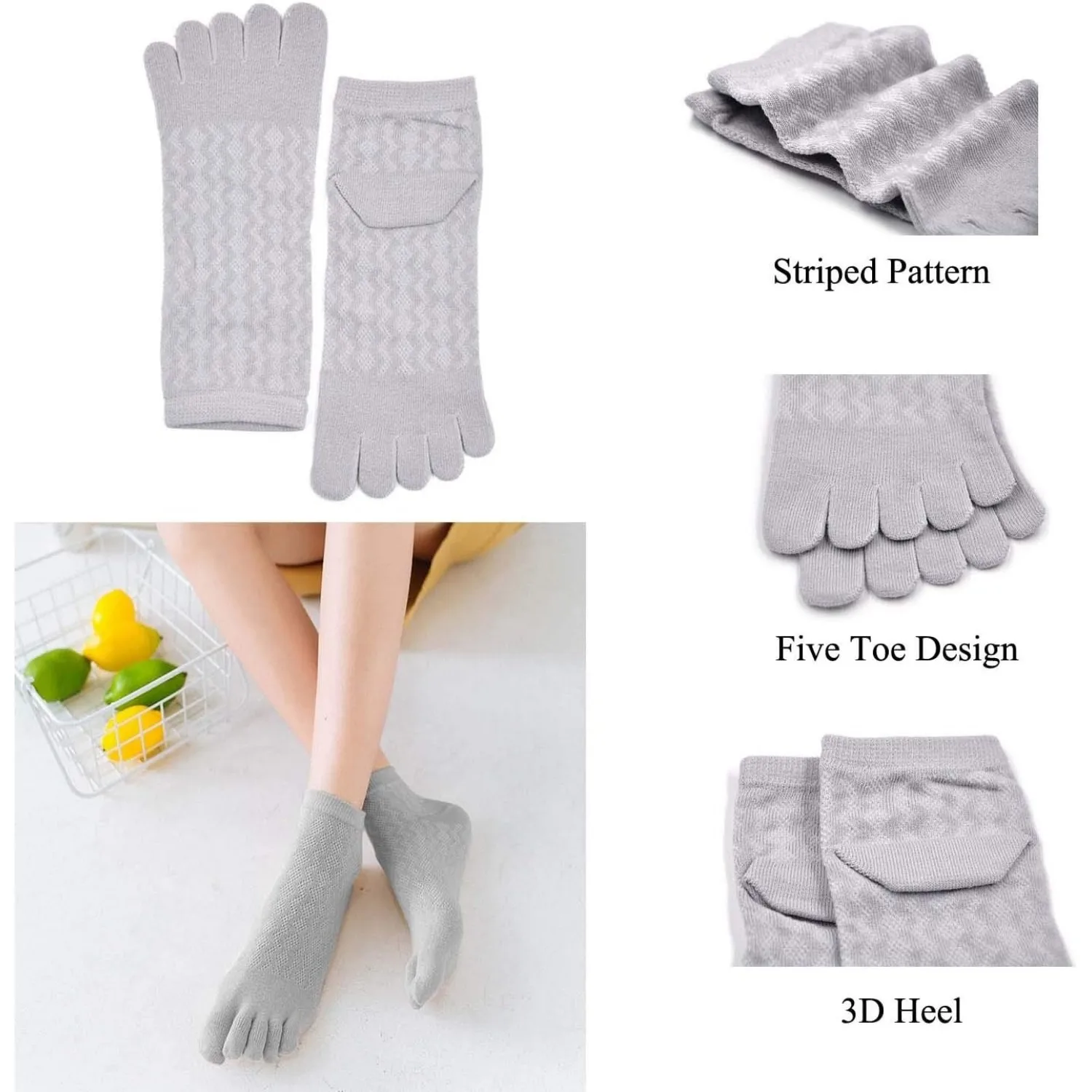 5 Pairs Women's Toe Sock Cute Striped Cotton Five Finger Ankle Sock Athletic Running Toe Socks for Girls