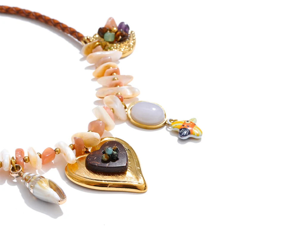Yhpup Neuheiten Handgefertigter Schmuck Edelstahl Muschelkette Herz Blume Anhänger Statement-Halskette Accessoires – Detail 2