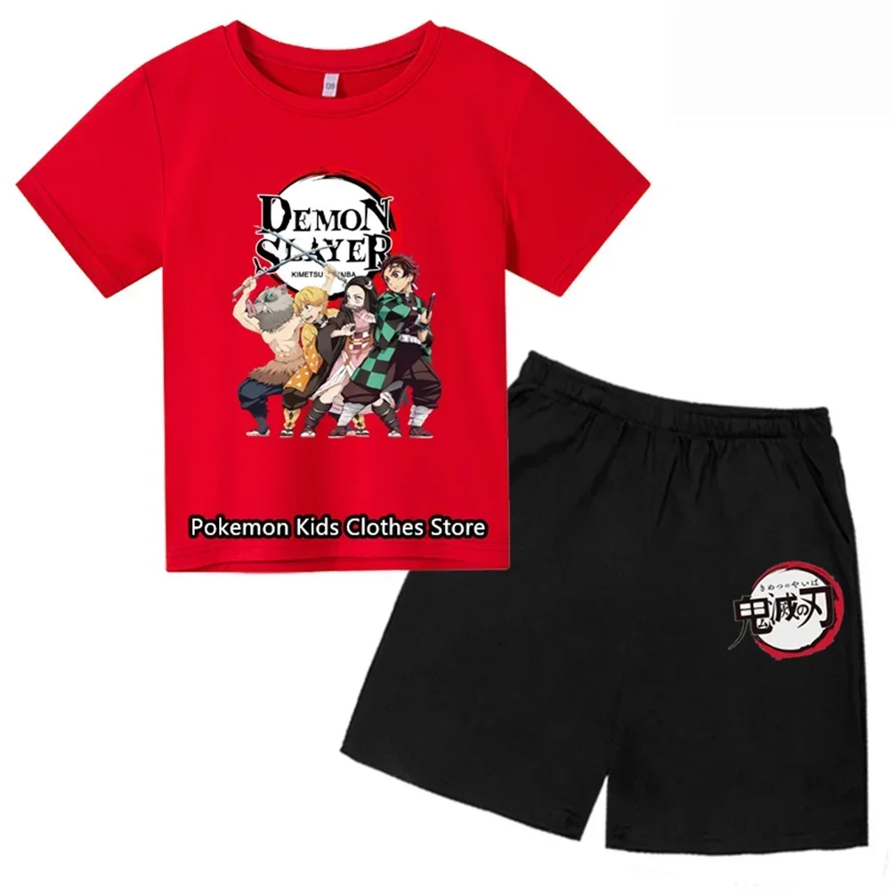 Boys Girls Clothes Set Summer Cartoon Demon Slayer T shirt+Short Pants 2pcs Children Clothing Teen 1 2 3 4-14 Year Kids Suit