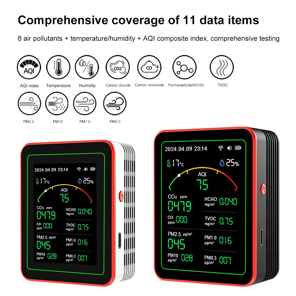 WiFi 15 in 1 실내 공기 질 모니터 APP 제어 휴대용 AQI PM0.3 PM1.0 PM2.5 PM10 테스터 가정용 CO CO2 TVOC HCHO 테스터