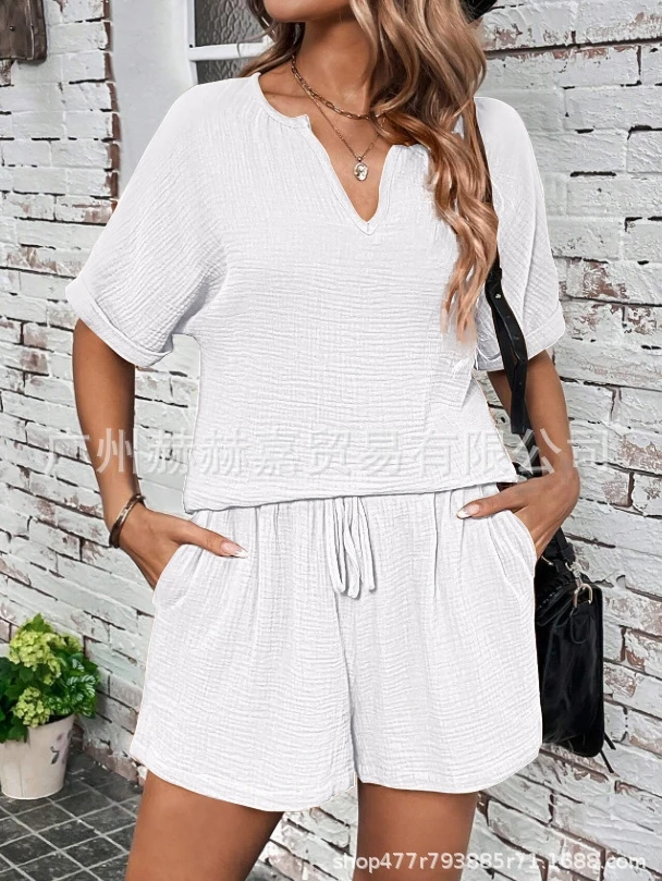 2024 Women's Wrinkle V-Neck Short Sleeved Shorts High Waist Drawstring Casual Pajamas Casual Two Piece Set