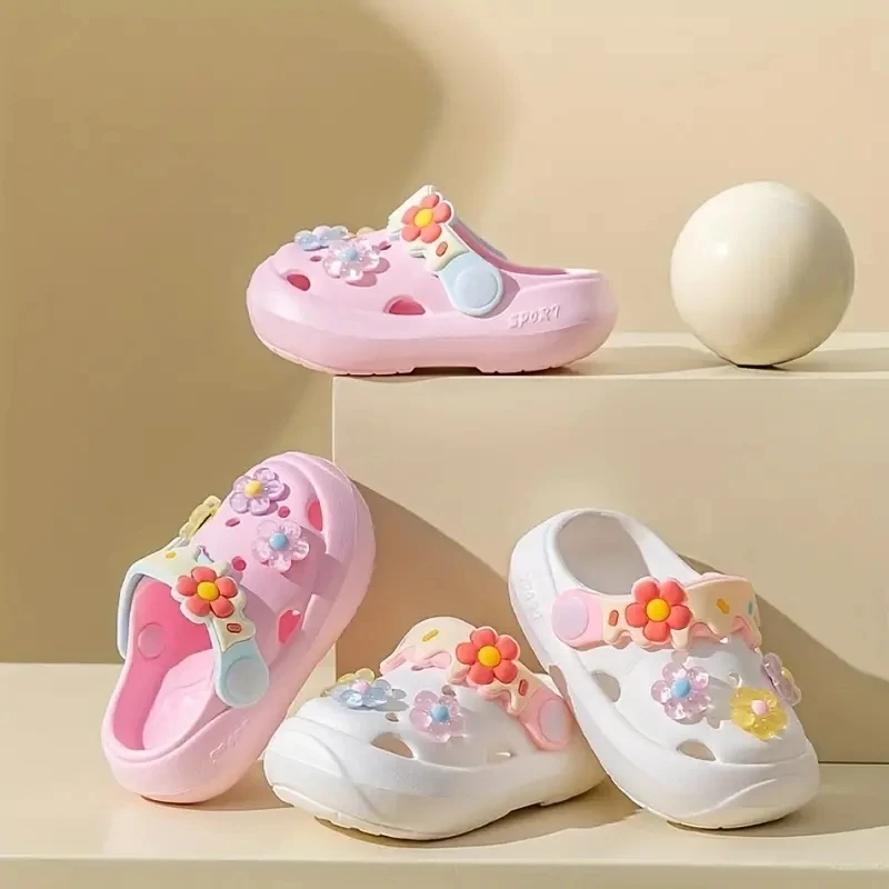 Trendy Cute Flower Decor Clogs For Girls, Breathable Non-slip Clogs For Indoor Outdoor Beach, Spring And Summer