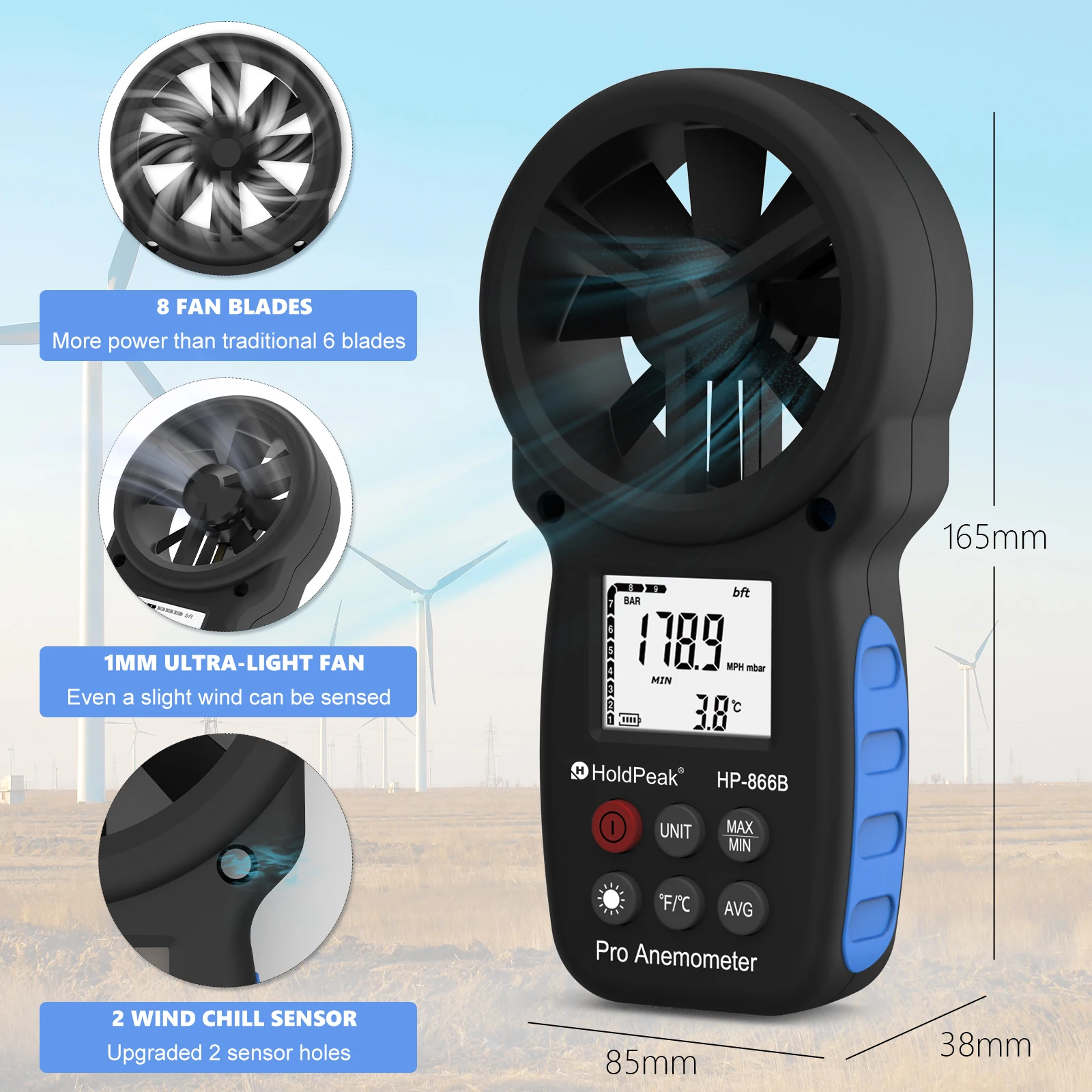 Imagem -04 - Anemômetro Digital Handheld Wind Velocidade Meter Medindo a Velocidade do Vento Temperatura e Wind Chill Measure Tool Holdpeak-hp866b