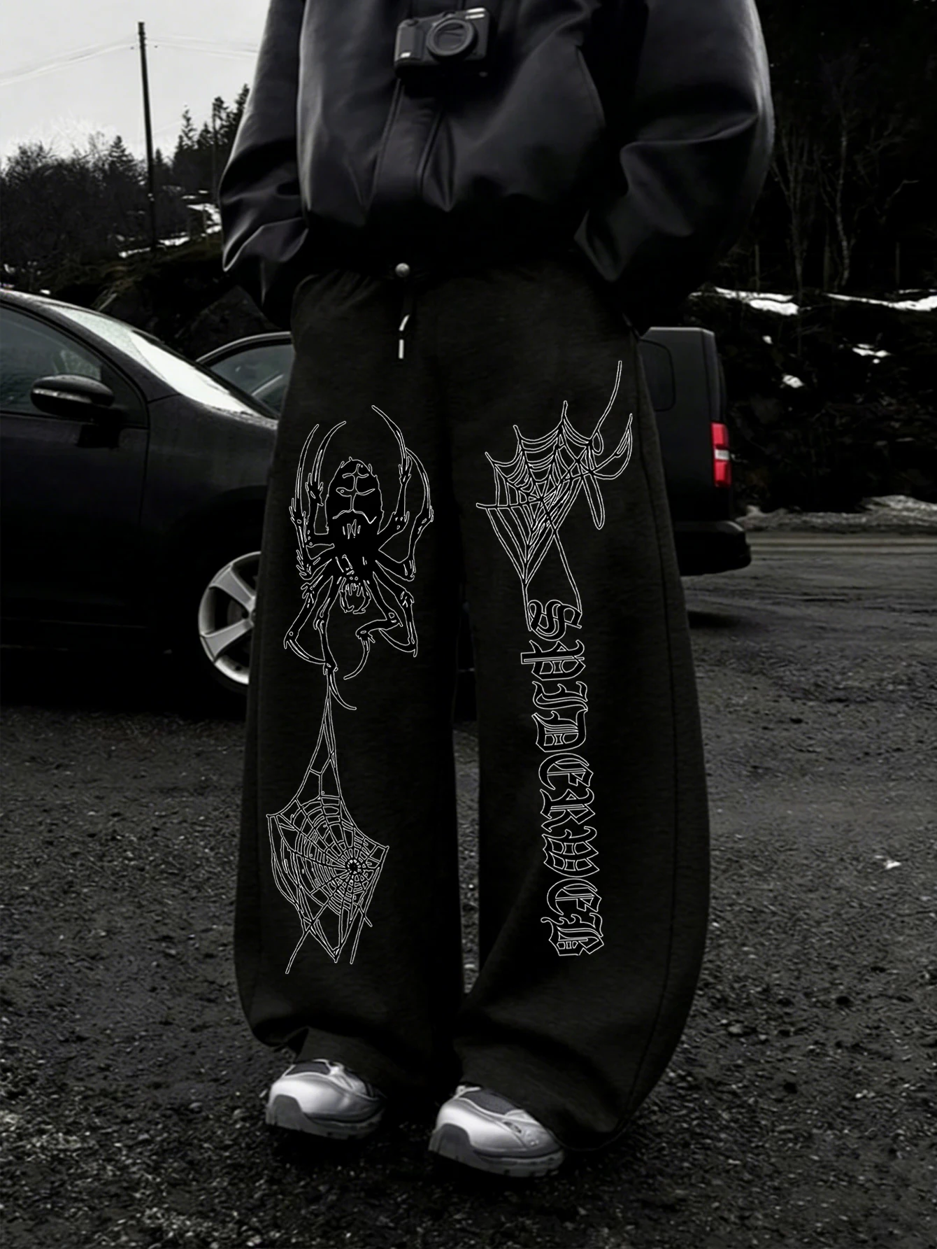 Men Baggy Sweatpants, Vintage Arachnid Spider Web Gothic Script Asymmetrical Double‑SideGraphicDrawstringLooseWideLegJoggerPants