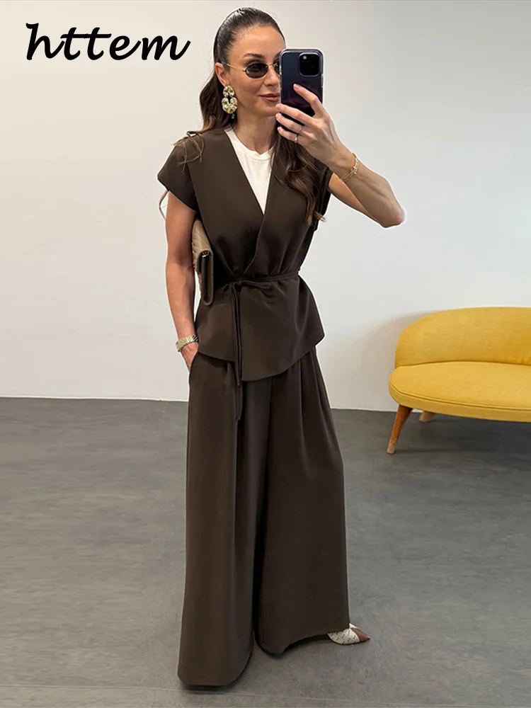 

Elegant Lace Up Shirt Pants Set Women Solid V-Neck Short Sleeve Shirt Pleated Wide Leg Pant 2025 Spring Lady Commute Loose Suits