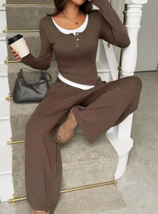 2025 Autumn and Winter Vacation Long Sleeved T-Shirt Long Pants Two-Piece Set Women's Clothing