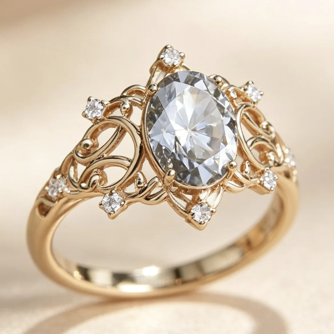 Vintage Filigree Women Ring, Oval Zircon Inlaid Ring, Retro Ornate Statement Ring for Engagement Wedding Party Jewelry Gift