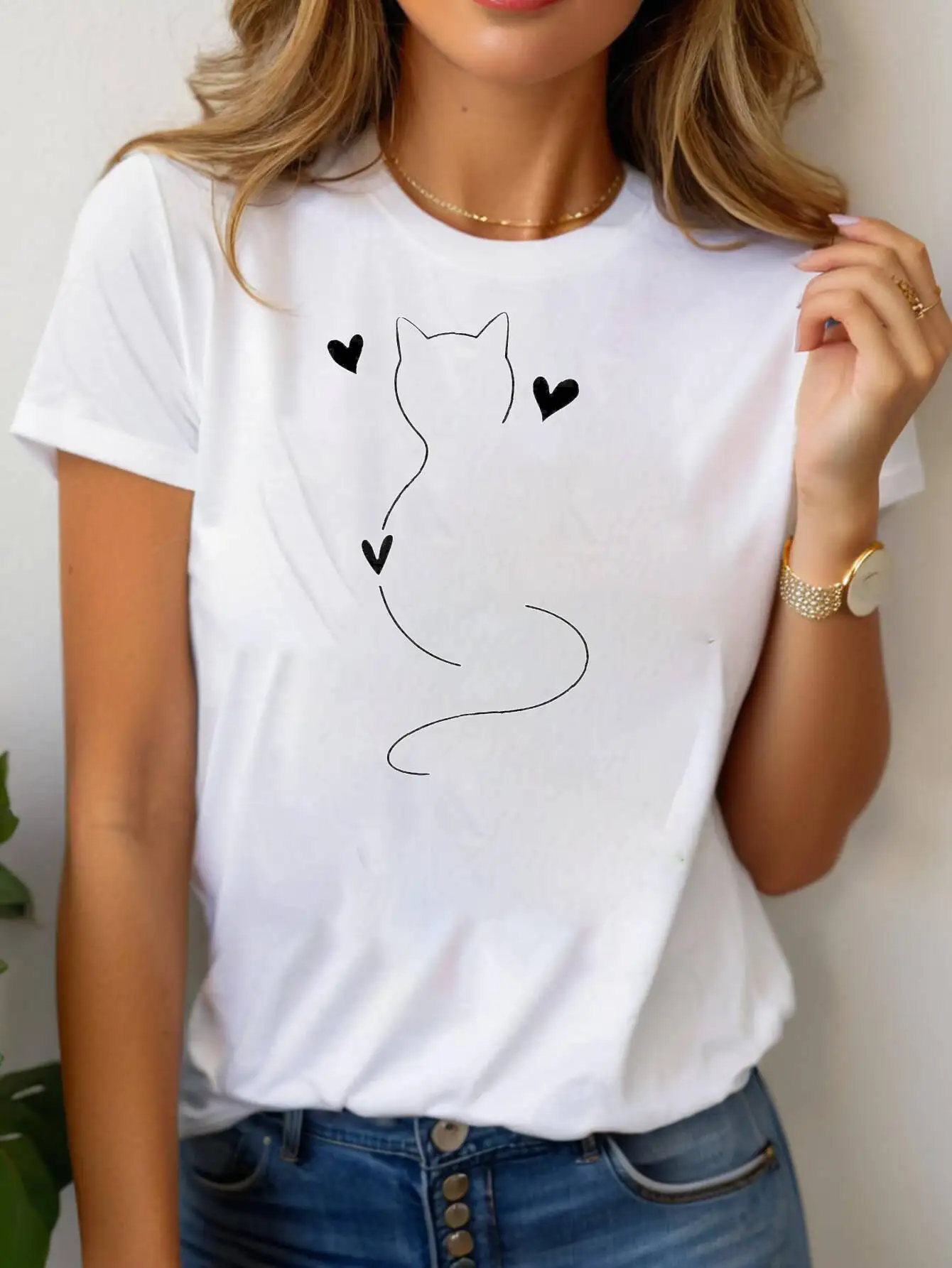 Casual Women's T-Shirt Cat Heart Print Round Neck Short Sleeve Four Seasons Lightweight Comfortable For Daily Outdoor Leisure We