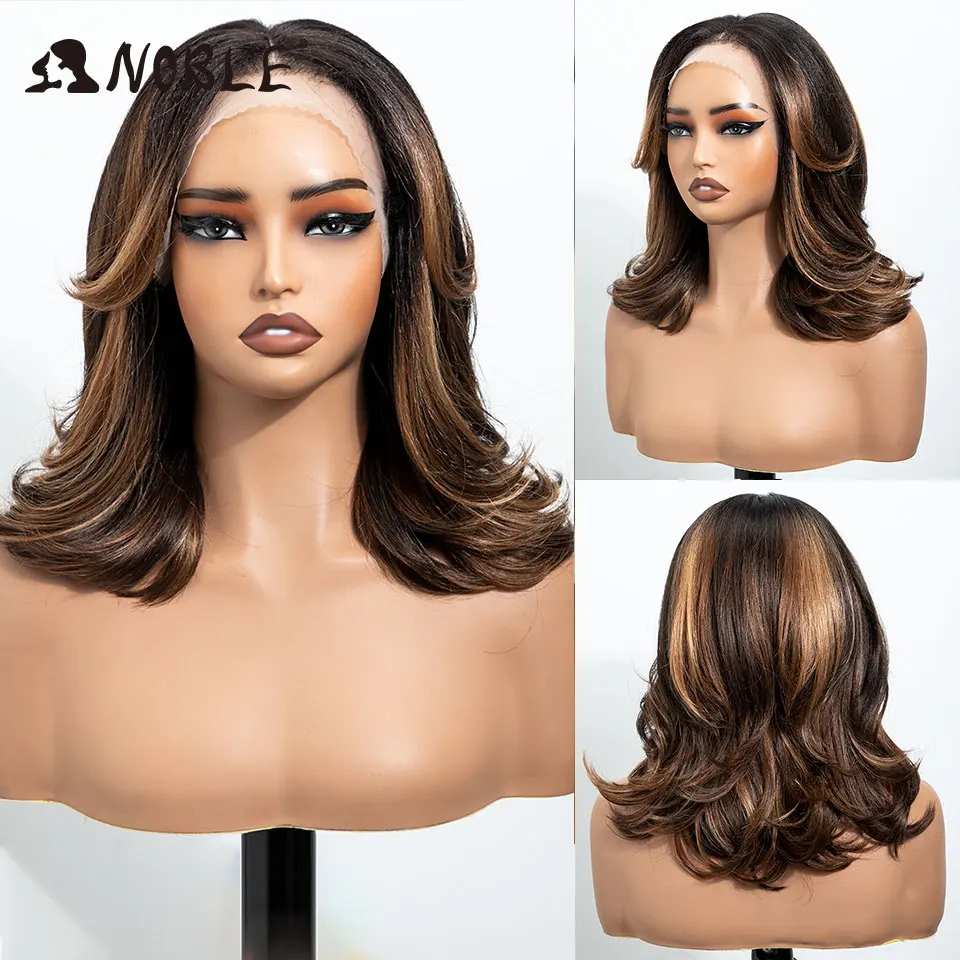 NOBLE 13x4 Synthetic Lace Front Wig 20 Inch Highlight Brown Body Wave Air Bangs Tiktok Viral Heat Resistant Wigs For Women