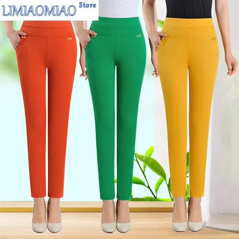 

Candy Color Korean Stretch Pants Slim High Waist Straight Pants Women Trouser Patchwork Pocket Casual Thin Classic Pantalones