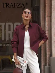 TRAFZA Female Streetwear Style Jackets Wine Red Turn-Down Collar Long Sleeves Pockets Zipper Autumn Coats Women 2024 Trendy