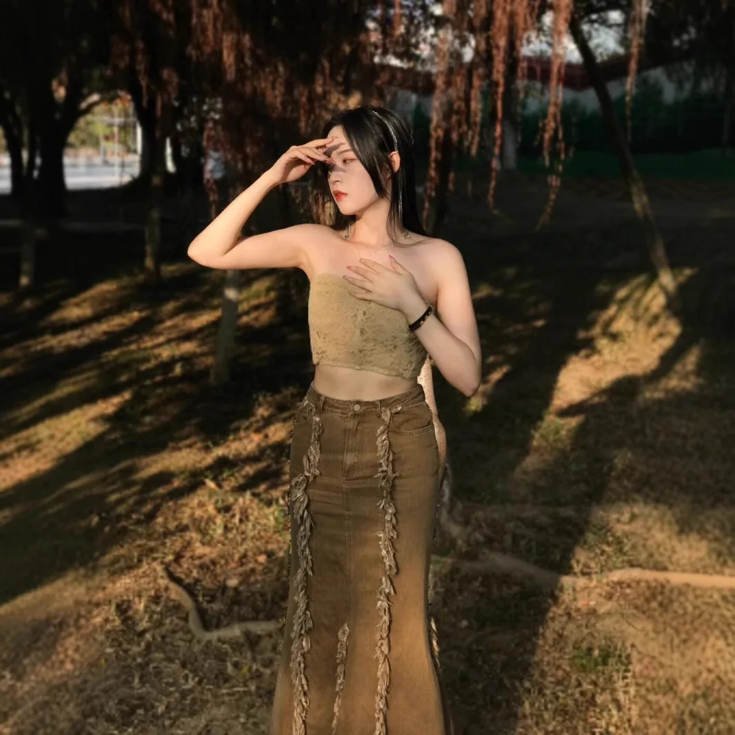 Autumn atmosphere niche flow swinging fishtail skirt denim orange brown temperament high waist super long skirt trend