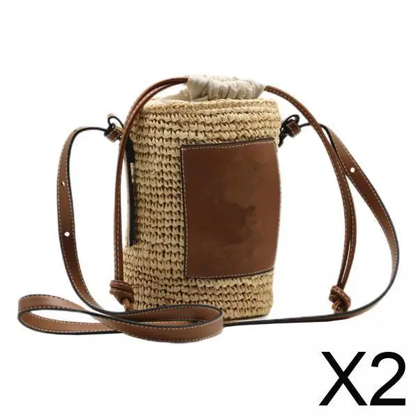 

2x Handwoven Women Round Straw Tote Travel Dating Shoulder Bags Weaving Handbag