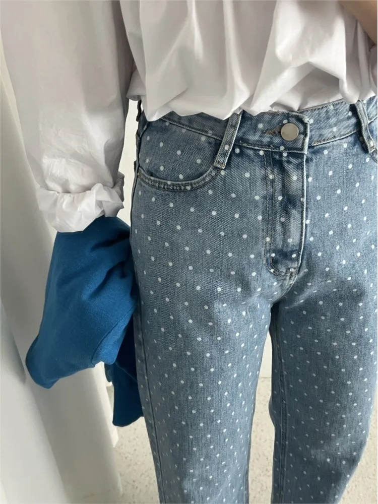 Jeans Autumn Straight Long Pant Women Polka Dot Print Fashion Sweet Ladies Trousers Korean Style High Waist Woman Pants