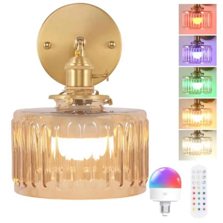 Vintage Wall Sconce with Amber Striped Glass Lampshade 5000 mAh Rechargeable Powered Wall Light with Remote Control for Bedside