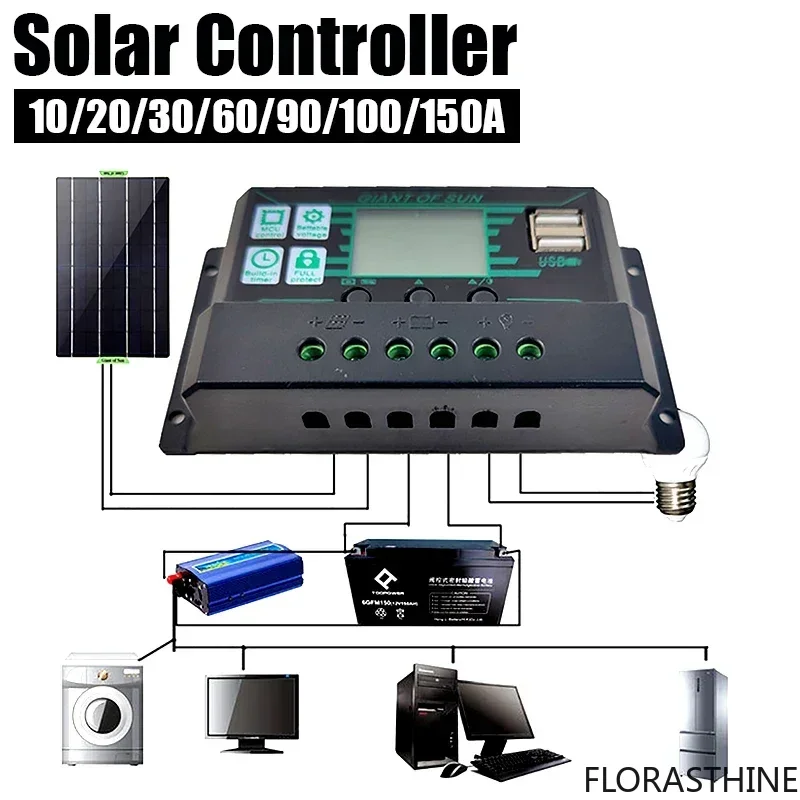 10/20/30/40/50/60/70/80/90/100/150A Solar Controller Digital Display LCD Screen 12V 24V Panels Solar Battery Charge Controller