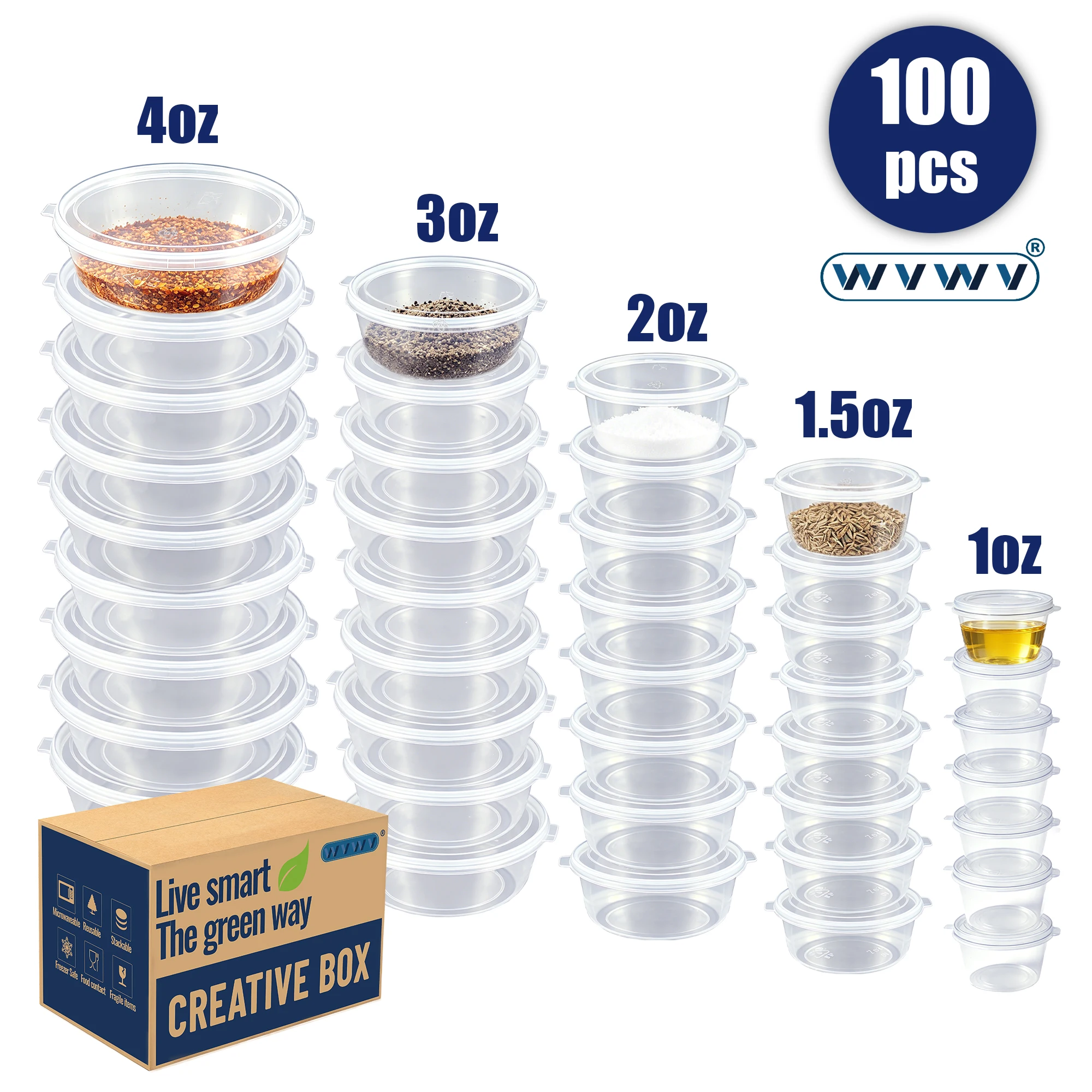 100-Pack Leak-Proof Plastic Mini Containers with Hinged Lids, Suitable for Storing Ketchup, Salad Dressing, Milkshakes, Outdoor Camping, Holiday Parties, Family Gatherings, and Can Also Be Used to Store Paint, Earrings, Necklaces, Rings