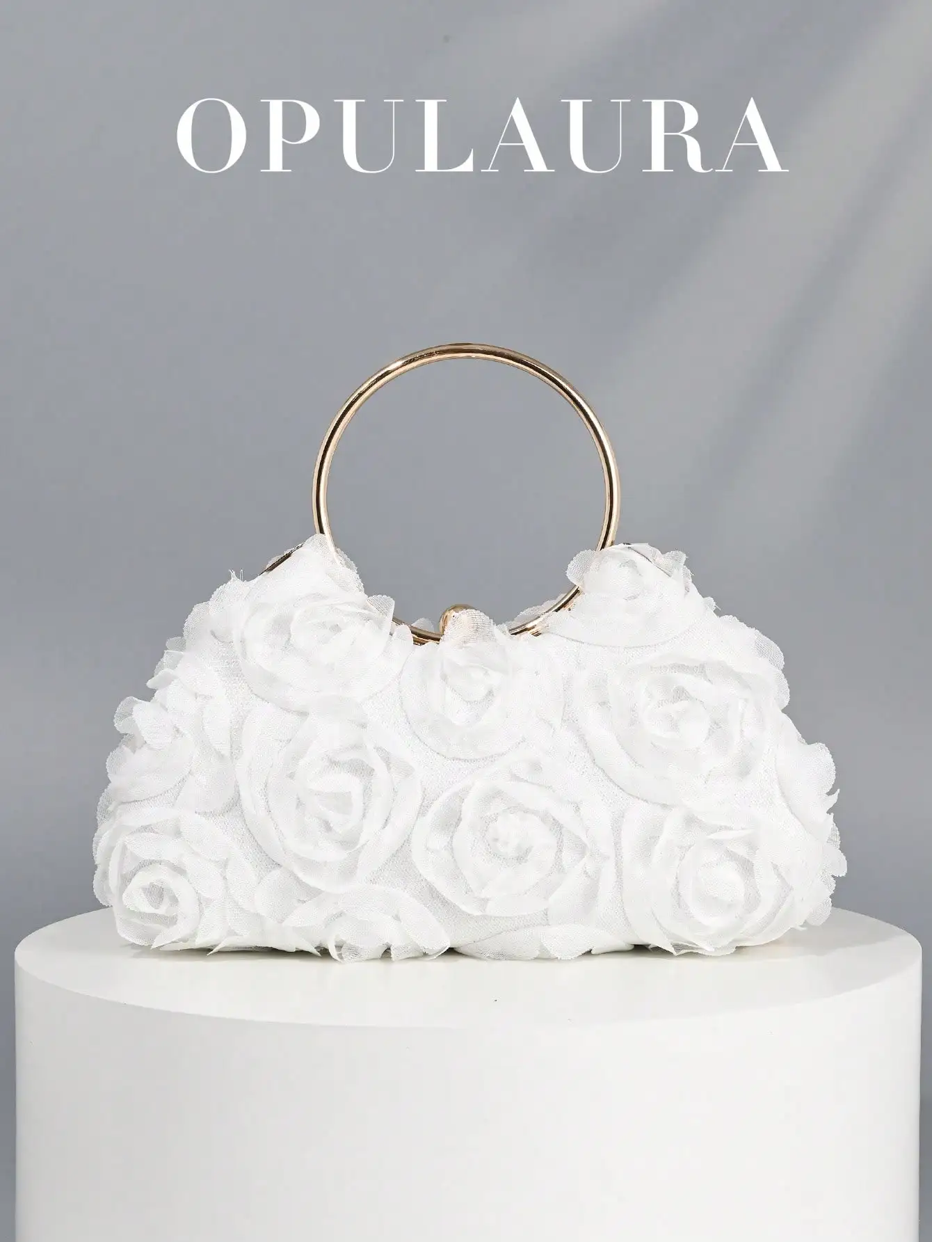 

White Floral 3D Rose Evening Clutch with Gold Ring Handle