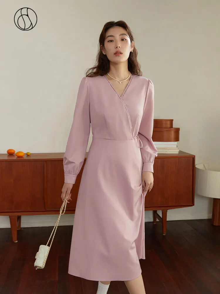 DUSHU French V-neck Fake Wrap-style Waist Dress for Women Spring Overlapping Slanted Solid Elegant Mid-length Skirt Female