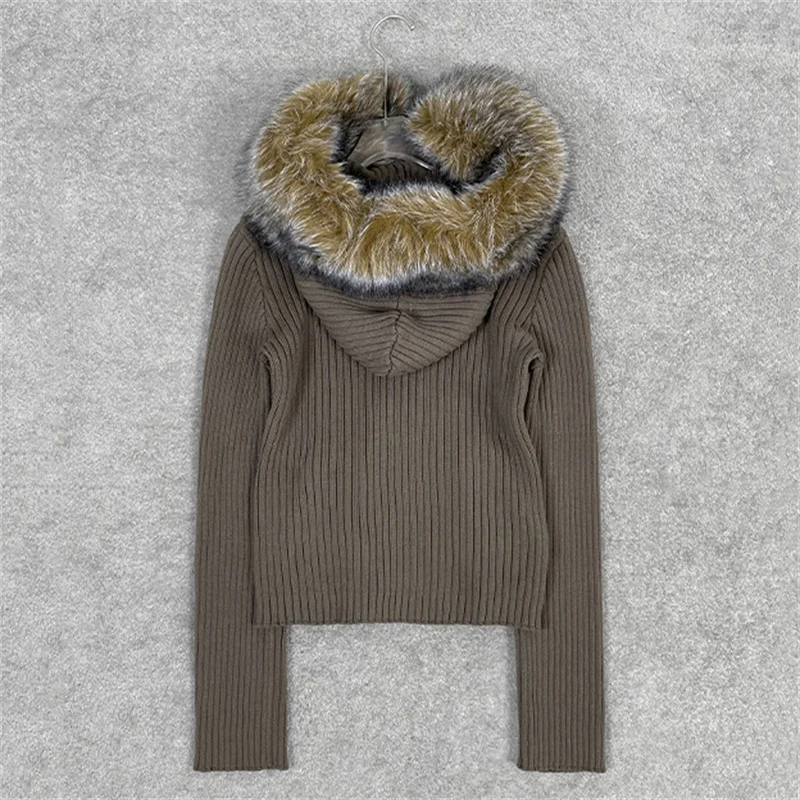 

Cardigan for women Winter 2025 new elastic knitted hooded long sleeved top Detachable fox fur collar women's sweater Knitwear