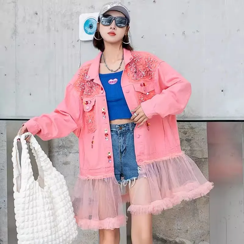 Beaded Sequins Diamonds Mesh Patchwork Pink Denim Jacket Spring Autumn Women Casual Lapel Long Sleeve Jeans Jacket Streetwear