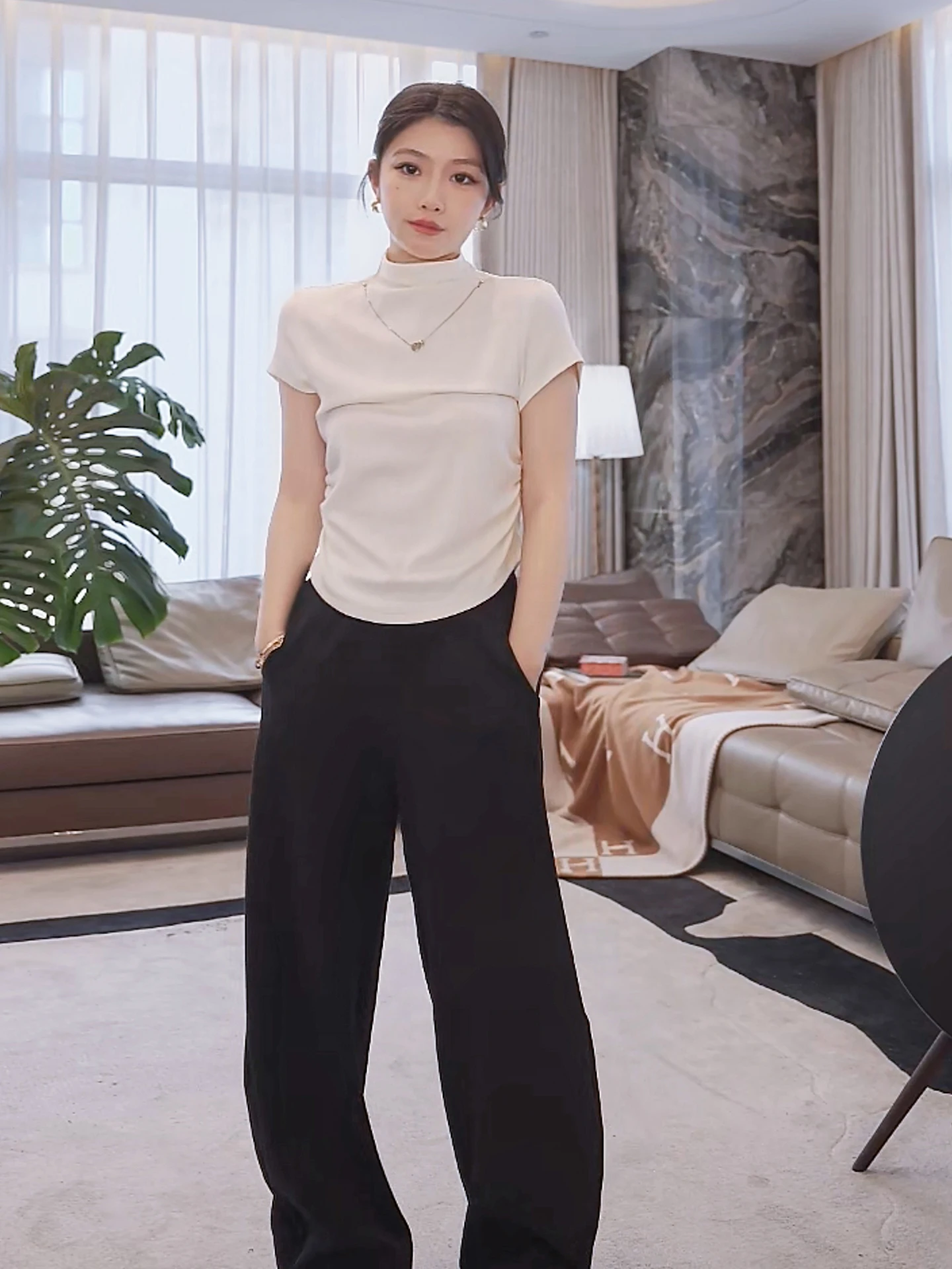 

Mei mat Q Elastic f High Collar Dstring Slimming Faionable Top Ladies ort Sve T-irt Breathable