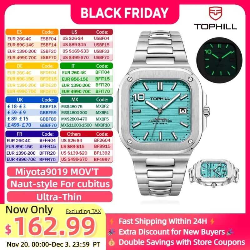 

TOPHILL Automatic Square watch Naut-style For cubitus Ultra-Thin movement Large date 39mm Sapphire 5ATM