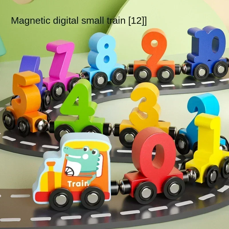 12 pz/set Treno Digitale Magnetico Colorato Cognizione Giocattolo di Legno Auto di Apprendimento Montessori Assemblaggio Per Bambini Giocattoli Educativi