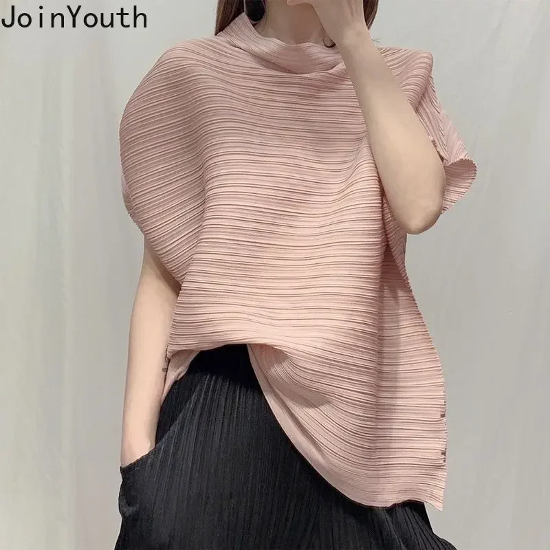 Blouse for Women Stand Neck Short Sleeve Folds Shirts 2023 Blusas Mujer De Moda Loose Fashion Korean Summer Blouses Tops 27o654