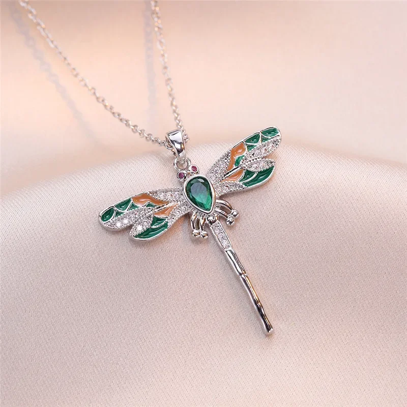 Light Luxury Zircon Colorful Dragonfly Pendant Necklace Stainless Steel Fashion Insect Choker Jewelry Gifts For Women Girls