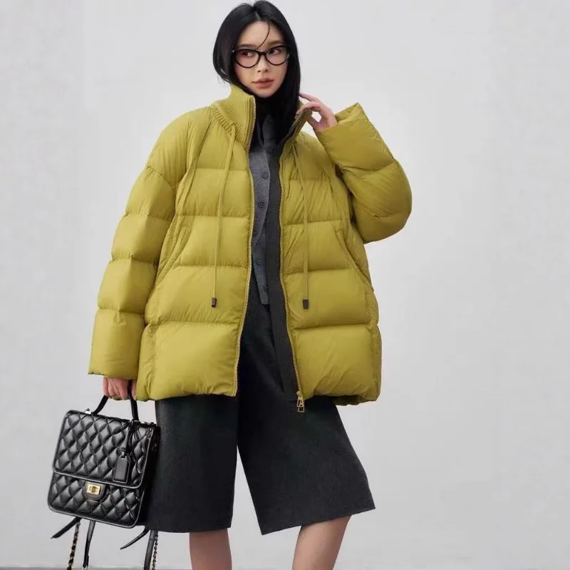 Jaket Musim Dingin Wanita dengan Tali Serut dan Kerah Bergaris Rajutan Patchwork Oversized Tebal Hangat Trendy
