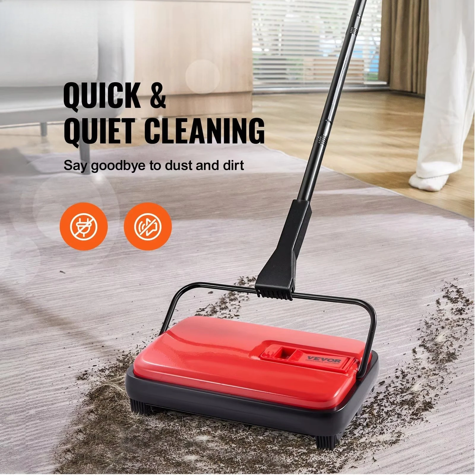 Manual 6.7 Carpet Sweeper Non-Electric 300ml Trash Capacity Home Office Carpet Hardwood Surface Floor Sweeper
