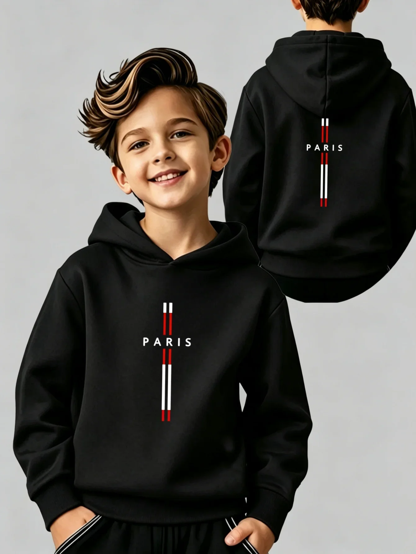 Boys' Hoodie, Kids' Hoodie with Paris Letter Prints on Both Front and Back, Versatile Casual Long-