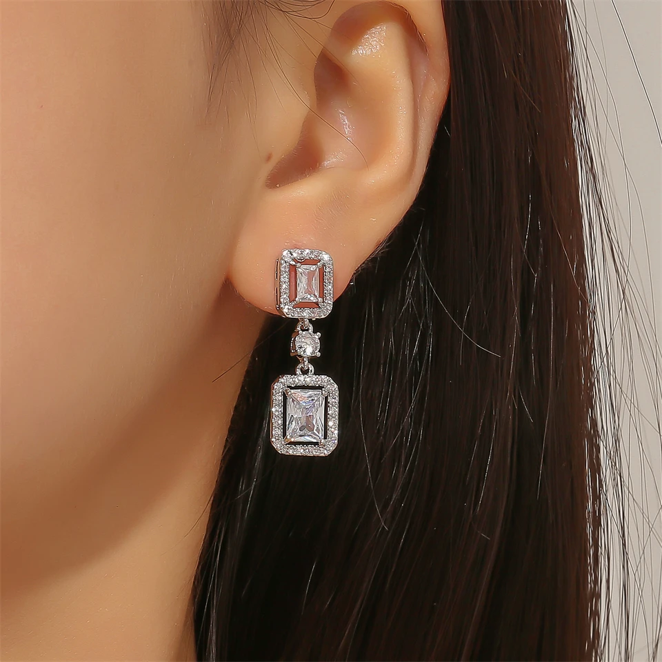 ZAKOL Brand Geometric Square Zircon Drop Earring for Women Shiny Crystal CZ Bridal Dangle Earrings Luxury Wedding Jewelry