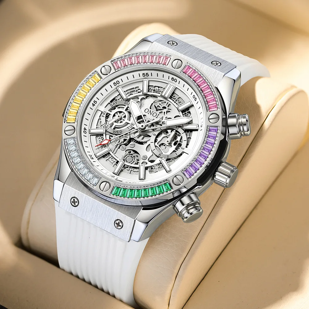 

Новые модные мужские механические часы, водонепроницаемые, с радужными бриллиантами, водонепроницаемый силиконовый ремешок, спортивные автоматические часы, мужские часы reloj hombre