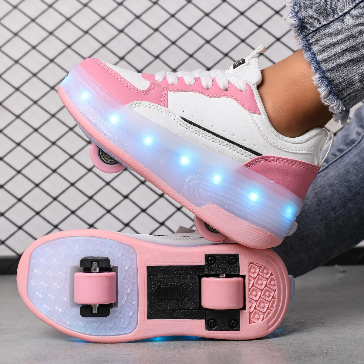 LED rechargeable flashing roller skates for boys and girls with detachable wheels, stylish skateboard shoes, durable and breathable