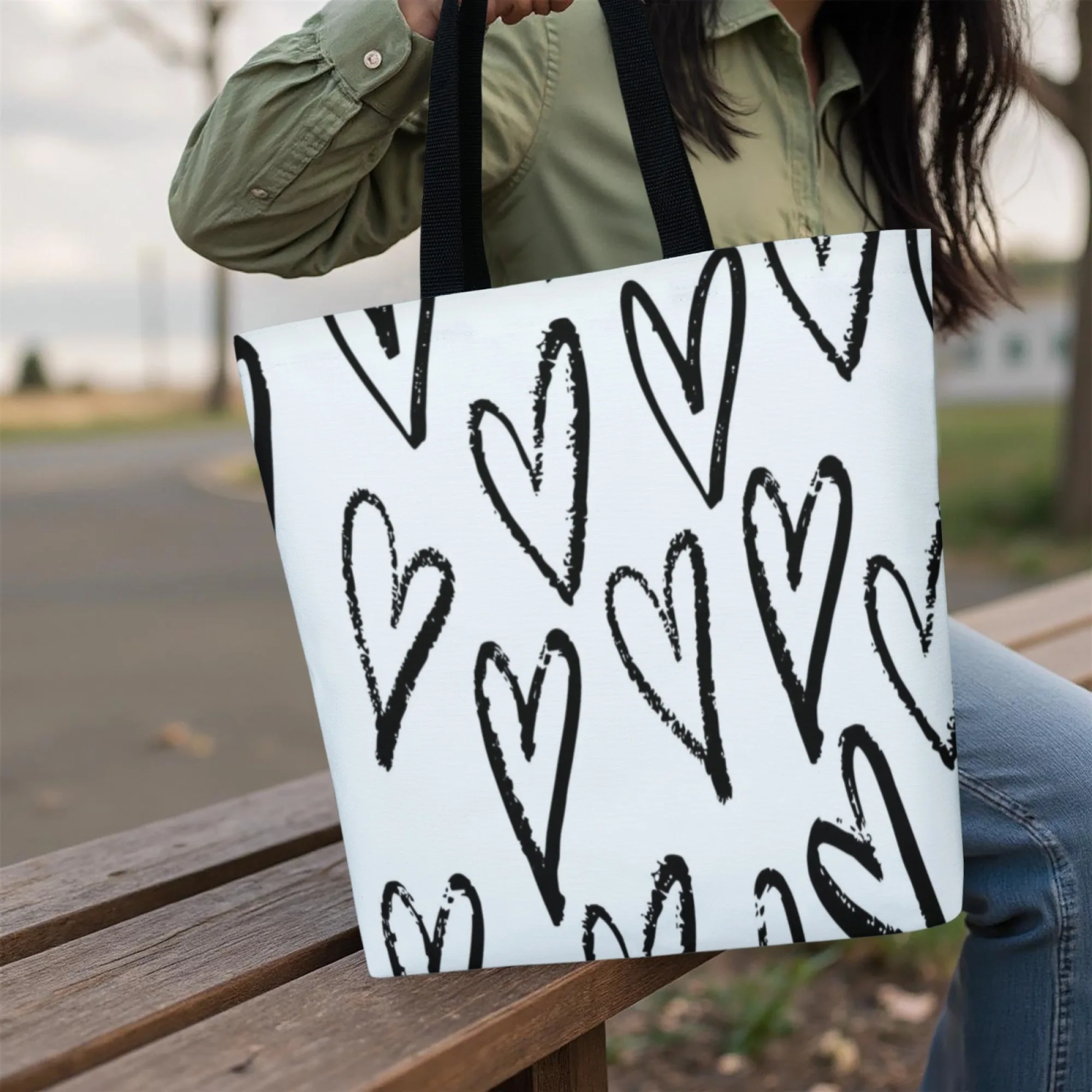 Graffiti Heart Style Women Canvas Tote Bag Lack & White Brush Stroke Heart Large Reusable Shopping Bag for Daily Romantic Trips