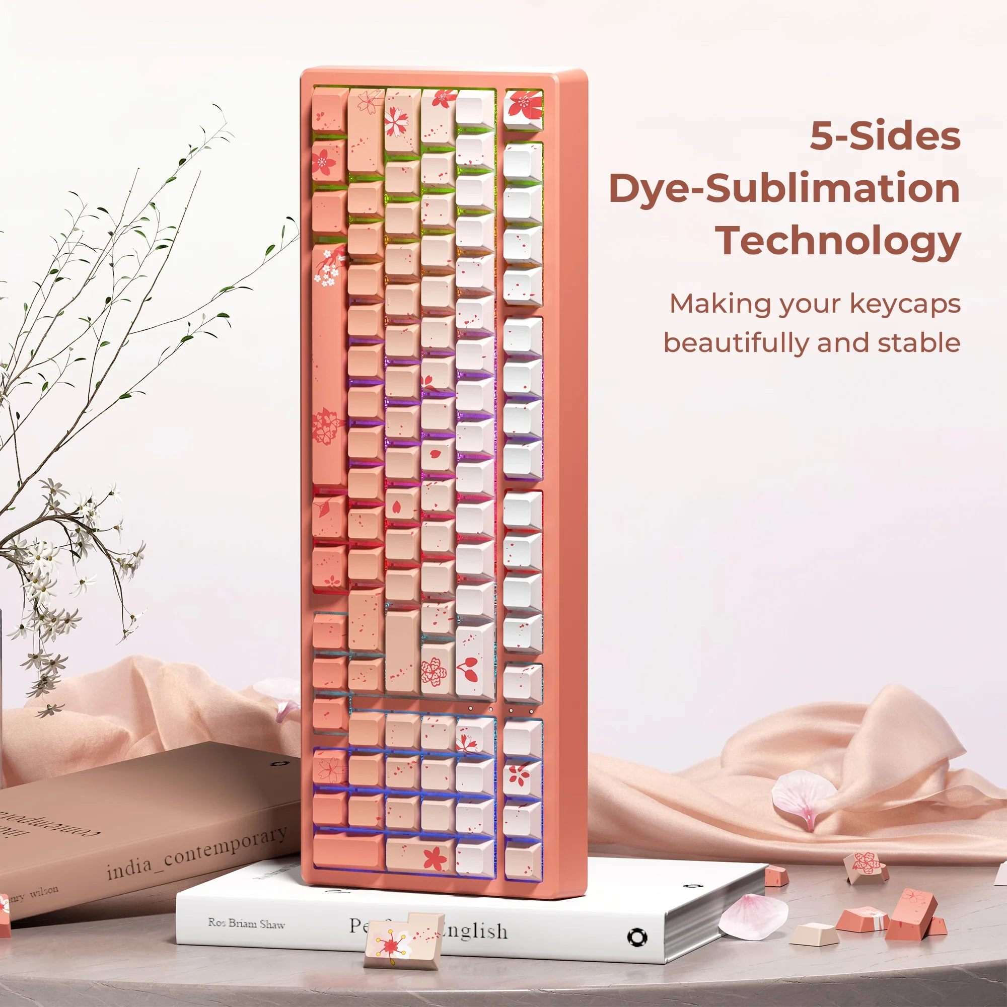 Pink gradual change side engraved light original height PBT material five-sided sublimation keycap