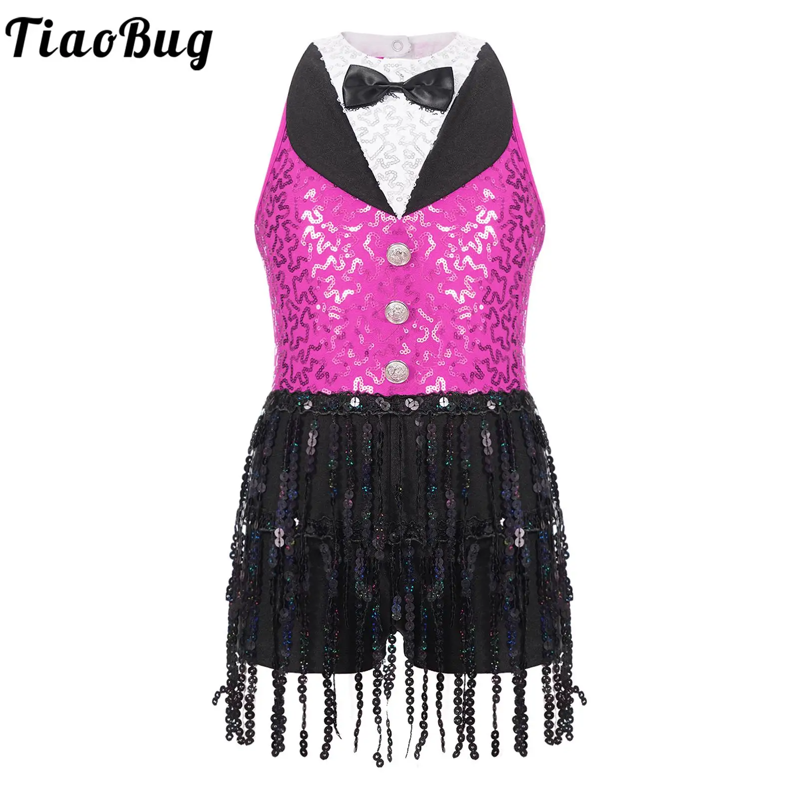 

Kids Girls Sequin Latin Jazz Dance Costume Sleeveless Cutout Back Sequined Tassel Dress Leotard Tango Cha-Cha Samba Dancewear