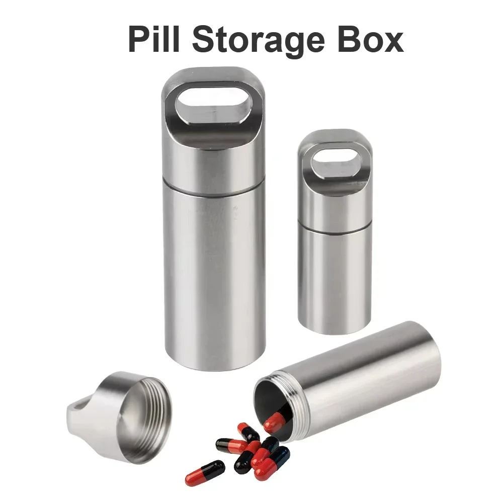 Waterproof Portable Stainless Steel S/M/L Pill Storage Box with Key Chain Sealing Ring Camping First Aid Hanging Accessory
