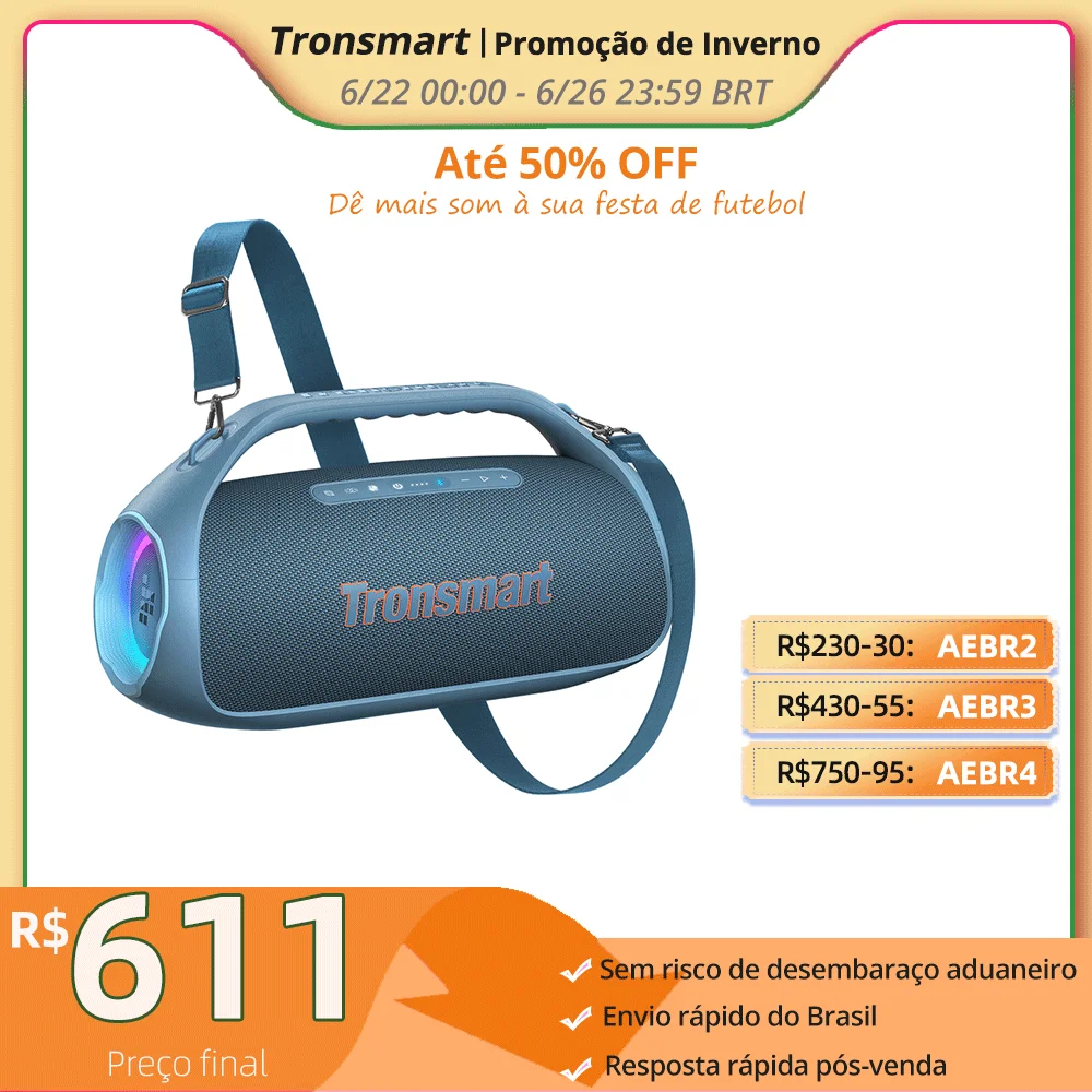 Tronsmart Caixa de Som Bang 2 90W Boombox Bluetooth para Área Externa com Subwoofer, Graves Potentes, 26 Horas de Reprodução, IPX6 à Prova d'Água, Caixa de Som Portátil para Camping