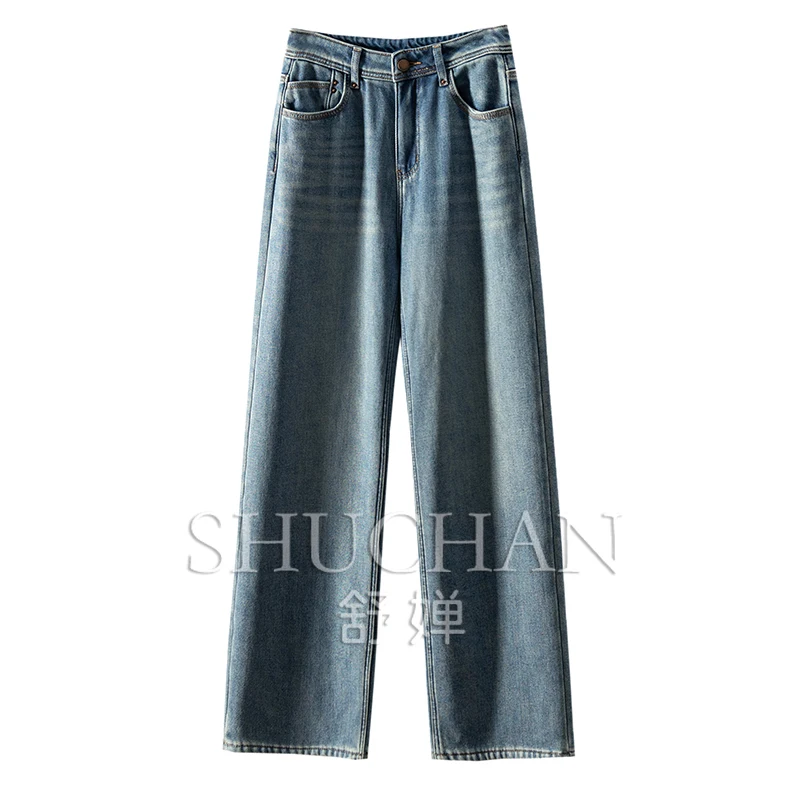 Autumn and Winter Retro Washed Blue High-waisted Velvet Straight Wide-leg Jeans Women Pantalones De Mujer