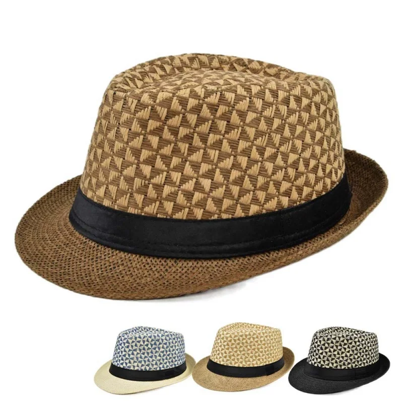 Woven Straw Fedora Hat, Short Brim Summer Sun Hat with Black Band, Multi‑color Jazz Trilby Cap for Beach Outdoor Travel